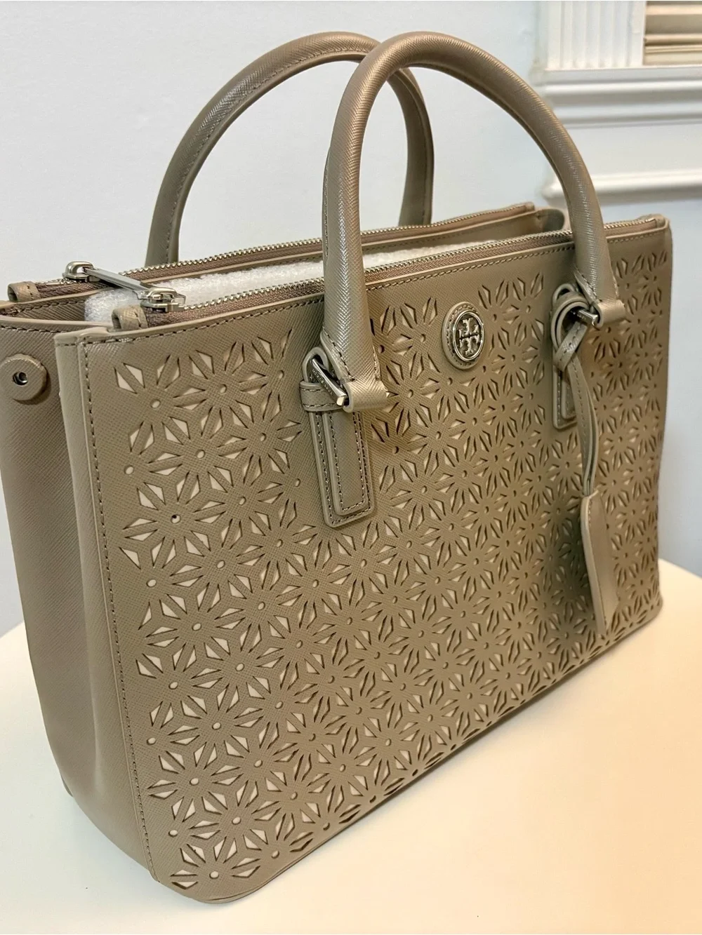Tory Burch Perforated Leather Satchel in Taupe with Detachable Shoulder Strap